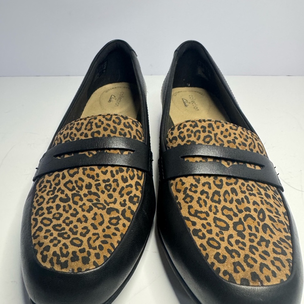 Clarks Black and Leopard Print Loafers